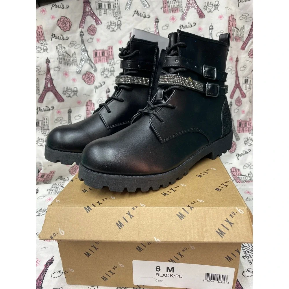 Mix No. 6 Carly Kids Black Glitter Rhinestone Buckle Combat Boots Size 6M New